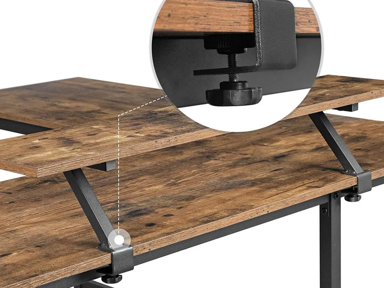 Billede 7 - Skrivebord i L-form VASAGLE med skærmhylde, pladsbesparende, justerbare fødder, metalstel, rustik brun, 140 × 130 × 76/91,5 cm