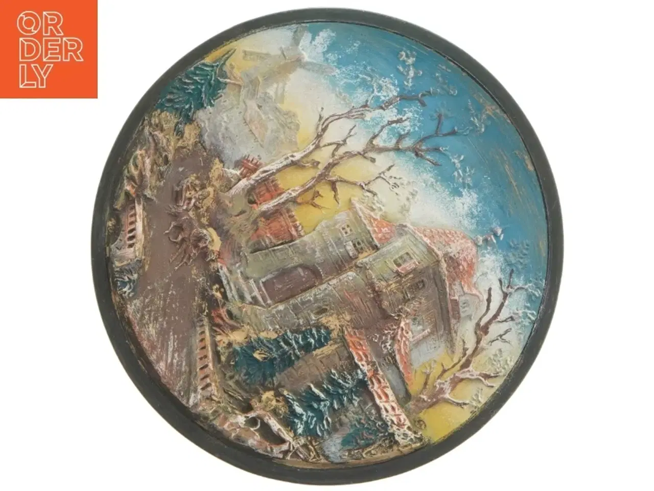 Billede 1 - Platte I tarrakotta med landskabsmotiv (str. 26 cm)