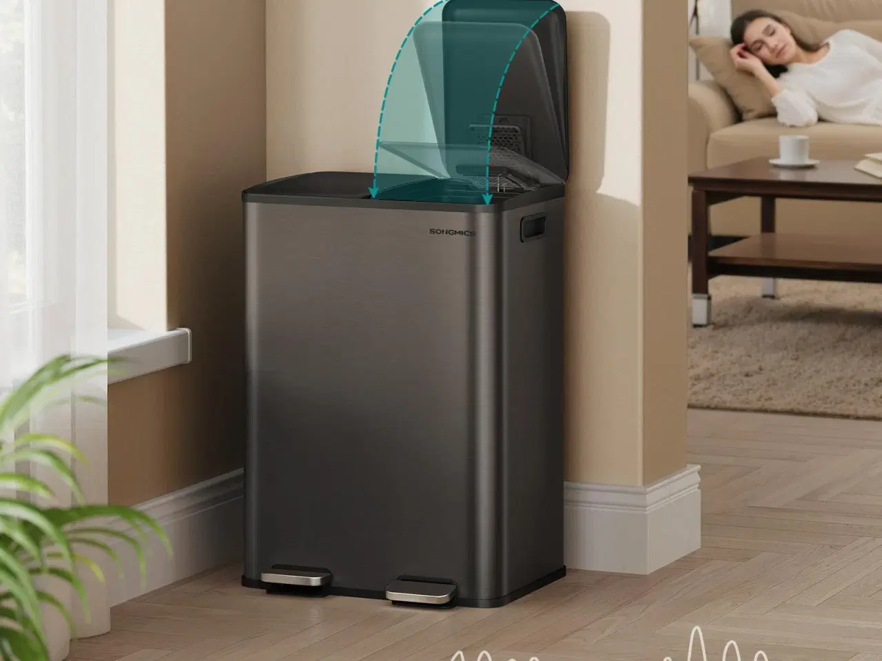 Billede 4 - Dobbelt skraldespand 2 x 30 l med soft-close og pedal – rustfrit stål, skifergrå