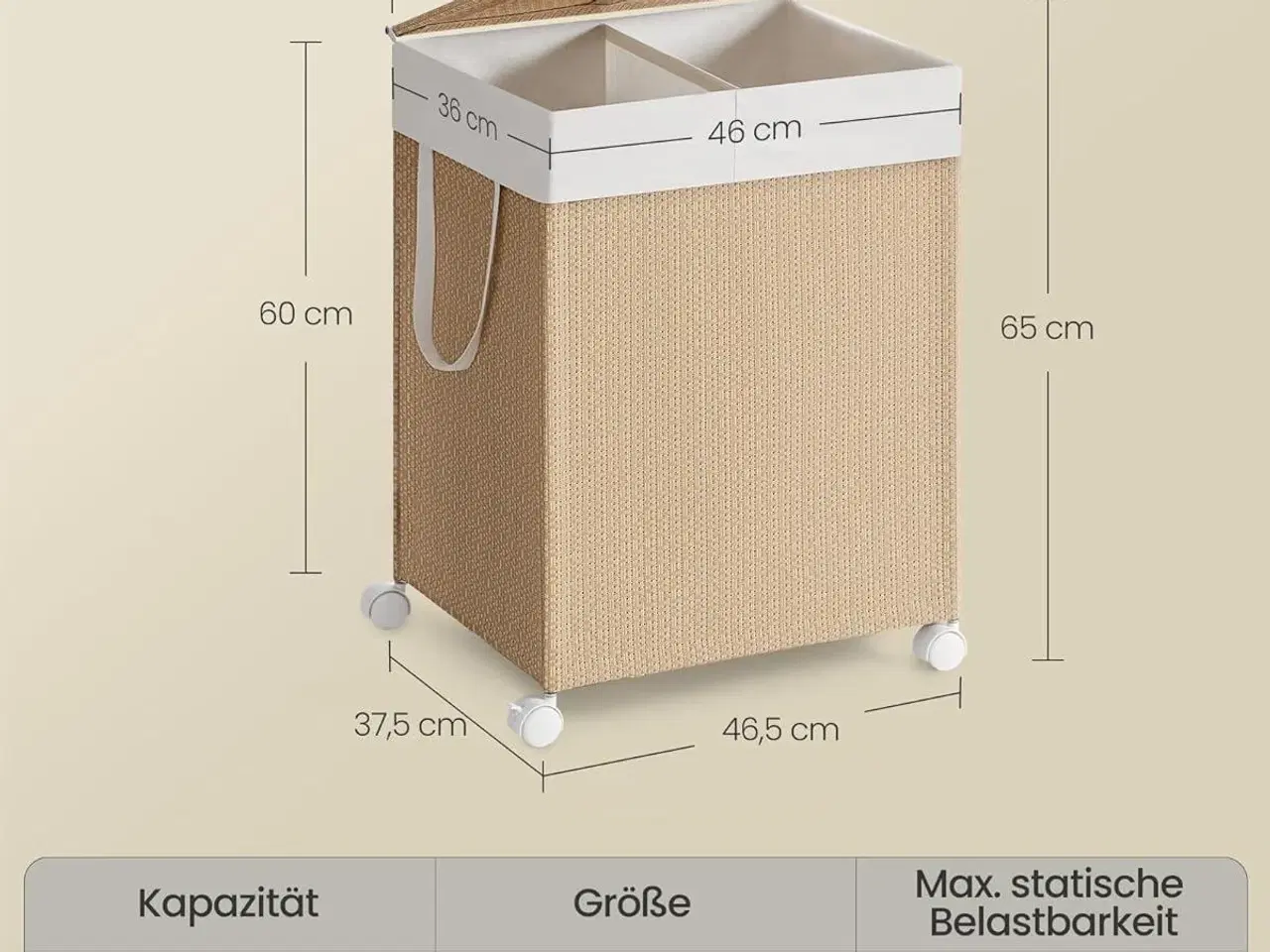 Billede 5 - Vasketøjskurv med hjul HOME, 2 rum, 100 l, med låg, natur beige/mat hvid