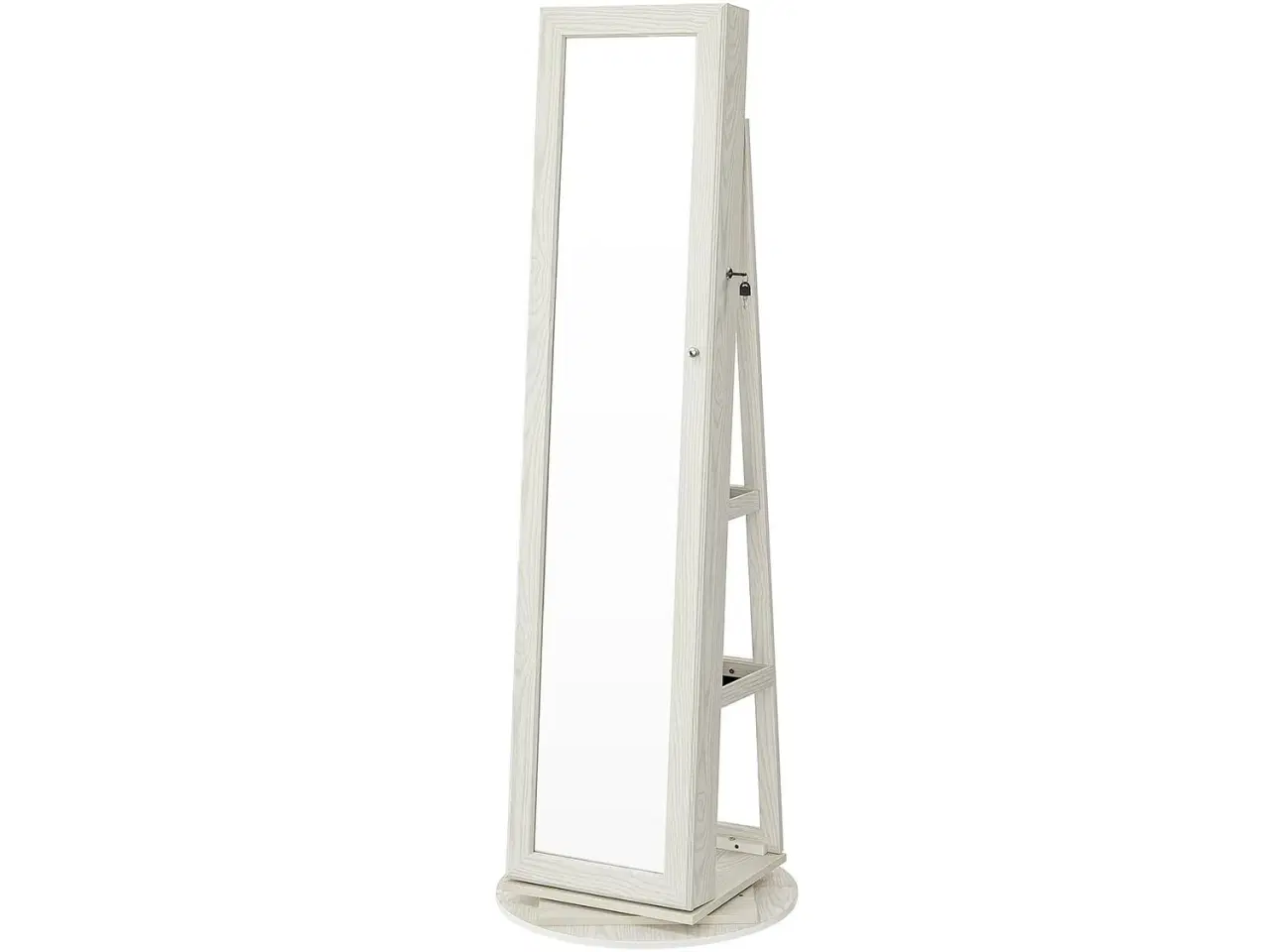 Billede 1 - Smykkeskab med spejl 360° fritstående, låsbart 3-i-1, hylder, kosmetikopbevaring, hvid med grå træstruktur