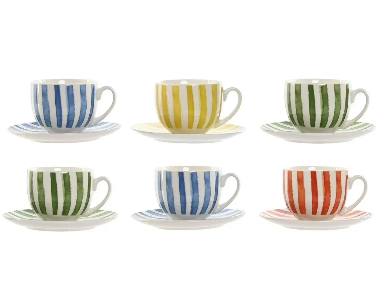 Billede 1 - Sæt med 6 kopper og underkopper - striber, gul/blå/grøn/koral, porcelæn, 240 ml
