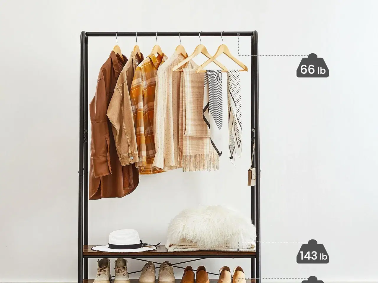 Billede 7 - Tøjstativ kraftig garderobestativ med 2 hylder, 6 S-kroge og stålramme, industrielt look i rustik brun/sort (RGR112B01)