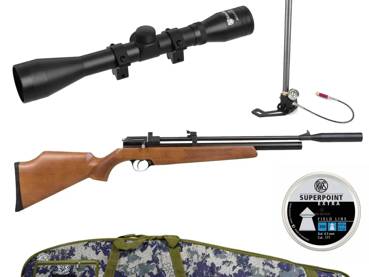 Billede 1 - Diana Stormrider 4,5 mm lyddæmper, 4x40 mm kikkert, pumpe, foderal komplet sæt