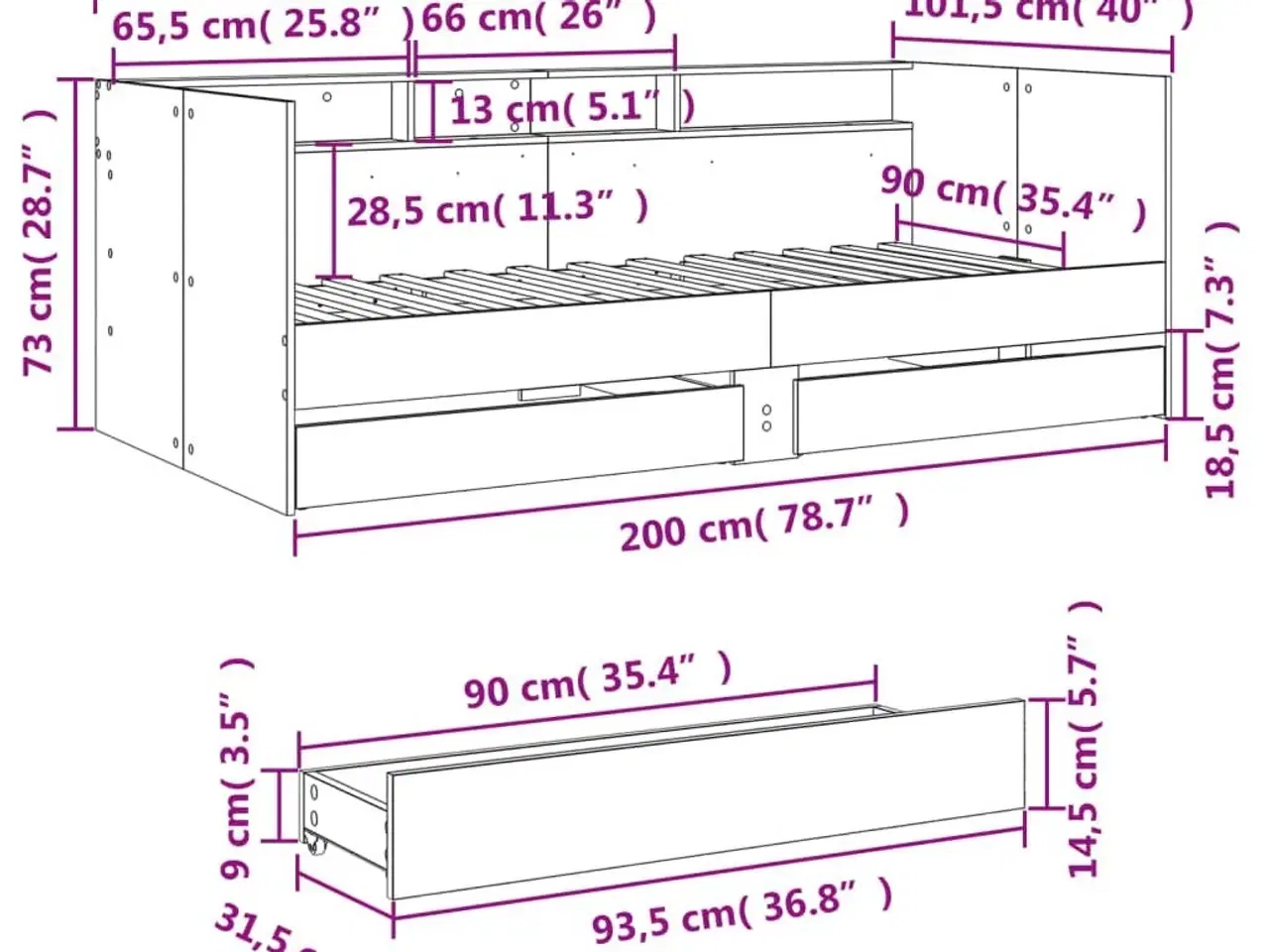 Billede 10 - Daybed med skuffer uden madras 90x200 cm hvid