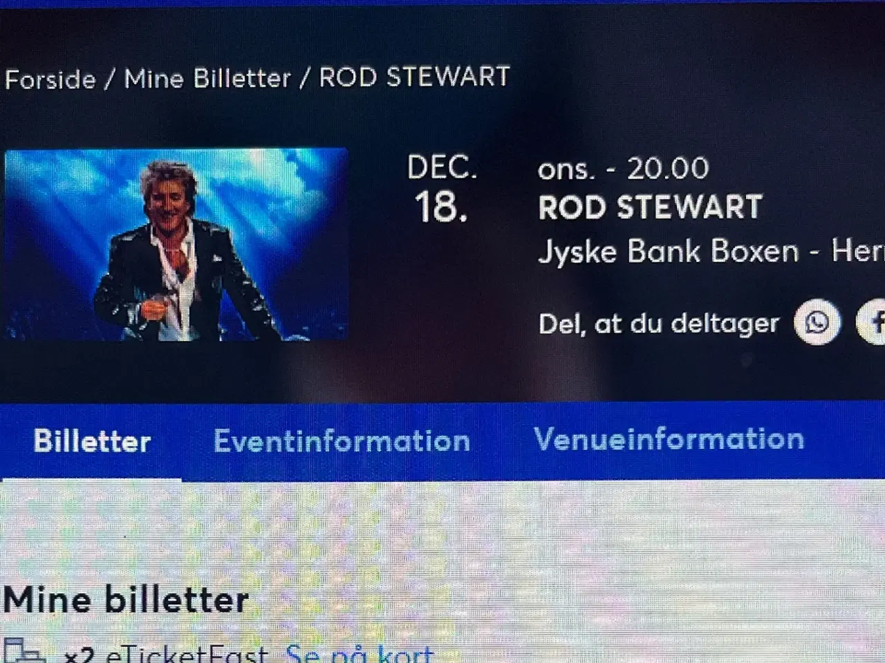 Billede 1 - Billetter 2 stk. Rod Stewart Boxen 18/12