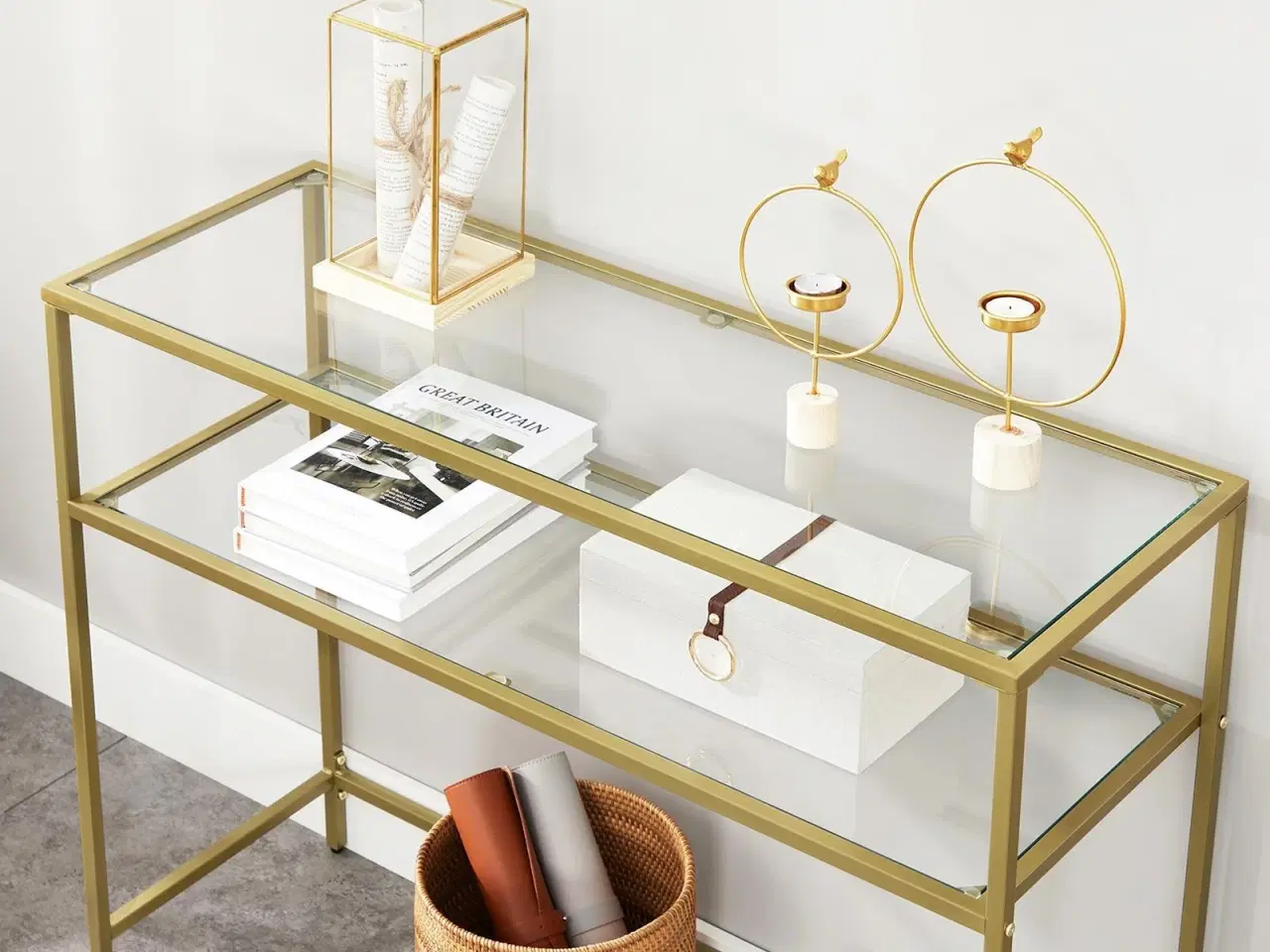 Billede 4 - Konsolbord glas hærdet glas, metalstel, 2 hylder, justerbare fødder, guldfarvet, 100 × 35 × 80 cm