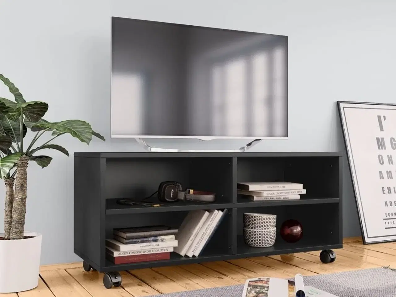Billede 1 - Tv-bord med hjul 90x35x35 cm konstrueret træ sort