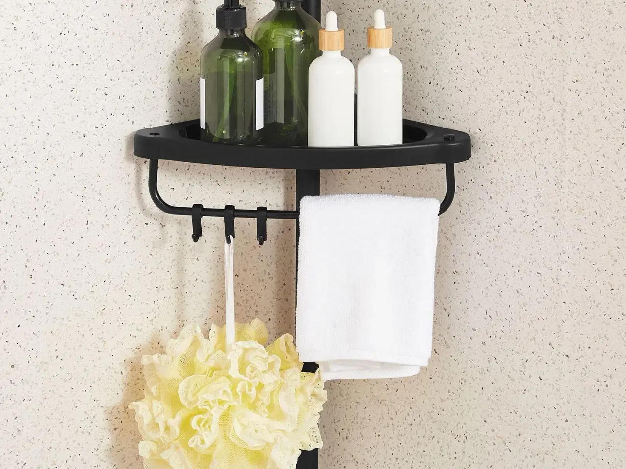 Billede 6 - Hjørnehylde til bad teleskop brusekurv, 85–305 cm, gulv-til-loft, 4 hylder, 3 kroge, sort