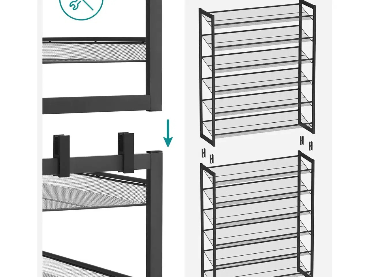 Billede 6 - Skoreol 12 niveauer sæt af 2 stabelbare 6-niveaus skostativer, metalnet, stor kapacitet 48–60 par, justerbare hylder, sort
