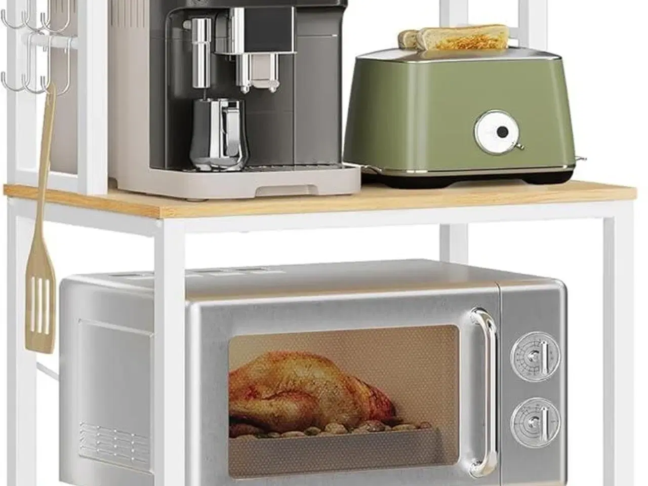 Billede 1 - Køkkenreol med 6 hylder og 6 kroge kaffe- og mikrobølgeovnstation, stålramme, justerbar hylde, 40 × 60 × 167 cm, eg/hvid (KKS024W09)