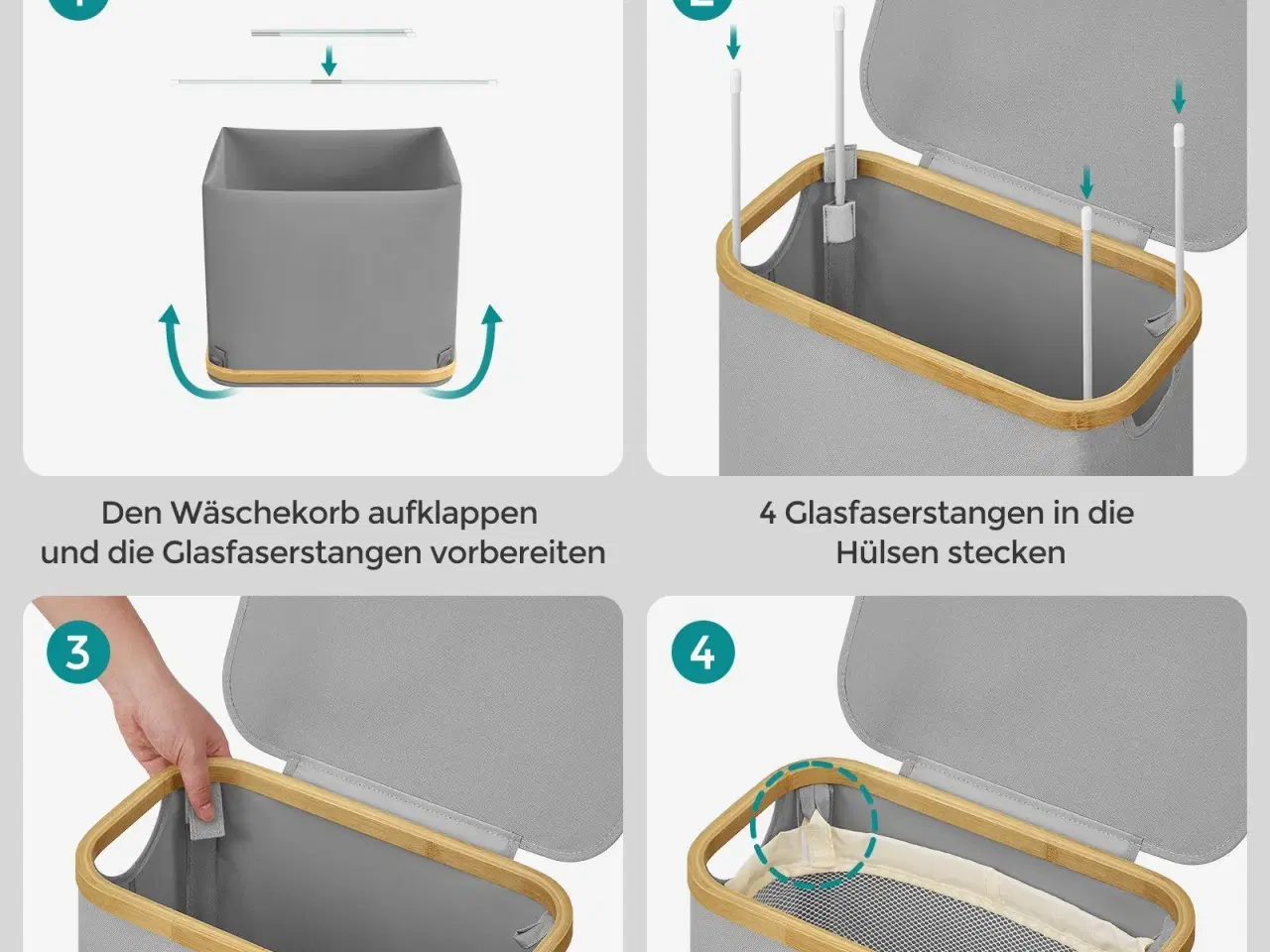 Billede 7 - Vasketøjskurv med låg 65 l slank model med aftagelig netpose, Oxford-stof, bambushåndtag, sammenklappelig, duegrå (42 × 22,5 × 70,5 cm)