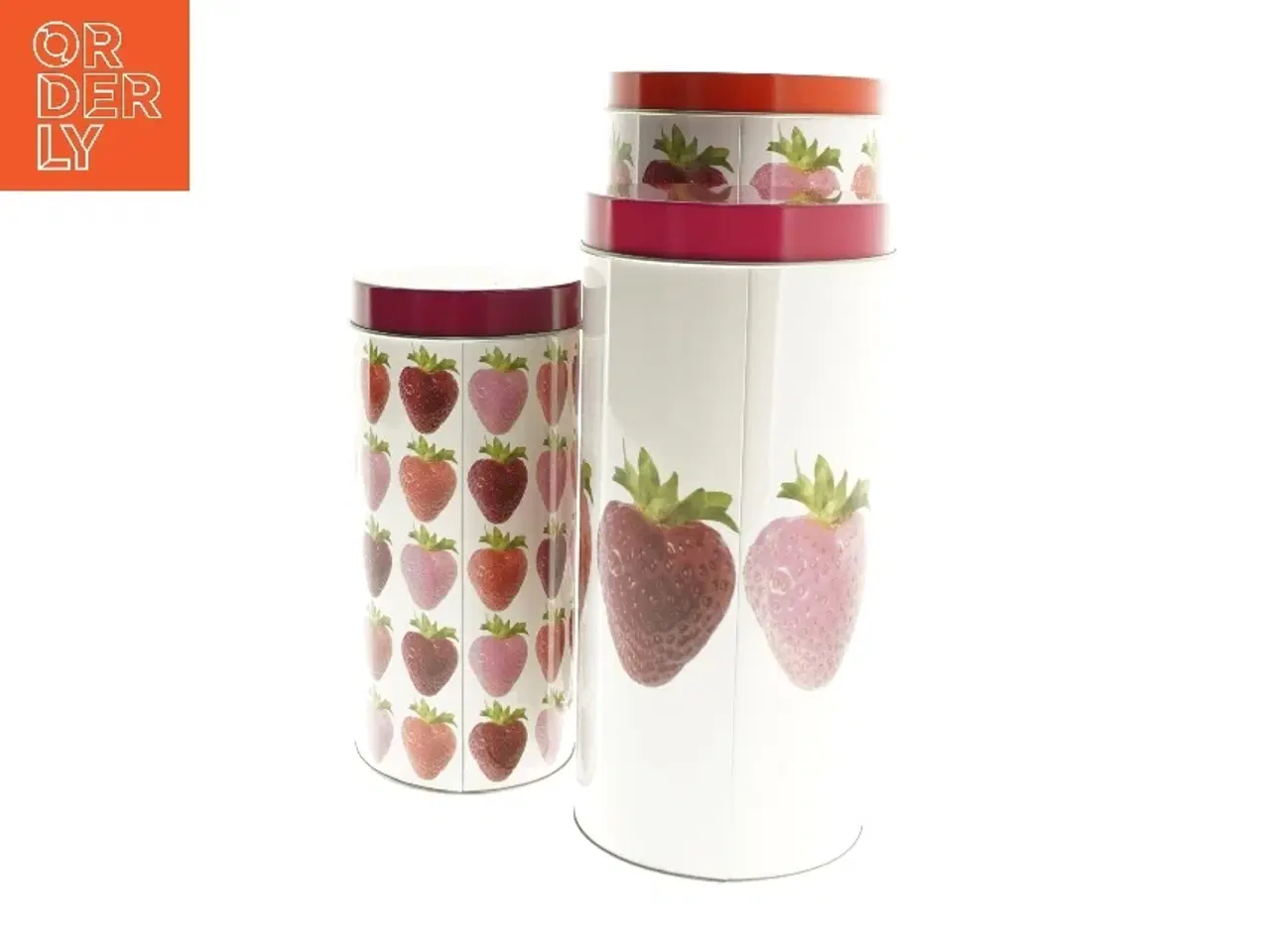 Billede 2 - Sæt med tre opbevaringsdåser med jordbærmotiv fra Modern Living (str. 20cm og 17 cm og 14 cm)