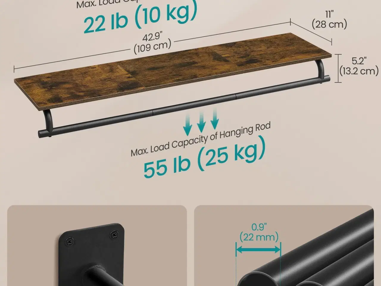 Billede 5 - Vægmonteret tøjstativ med hylde – 28 × 109 × 13,2 cm, rustik brun/sort, bæreevne 35 kg