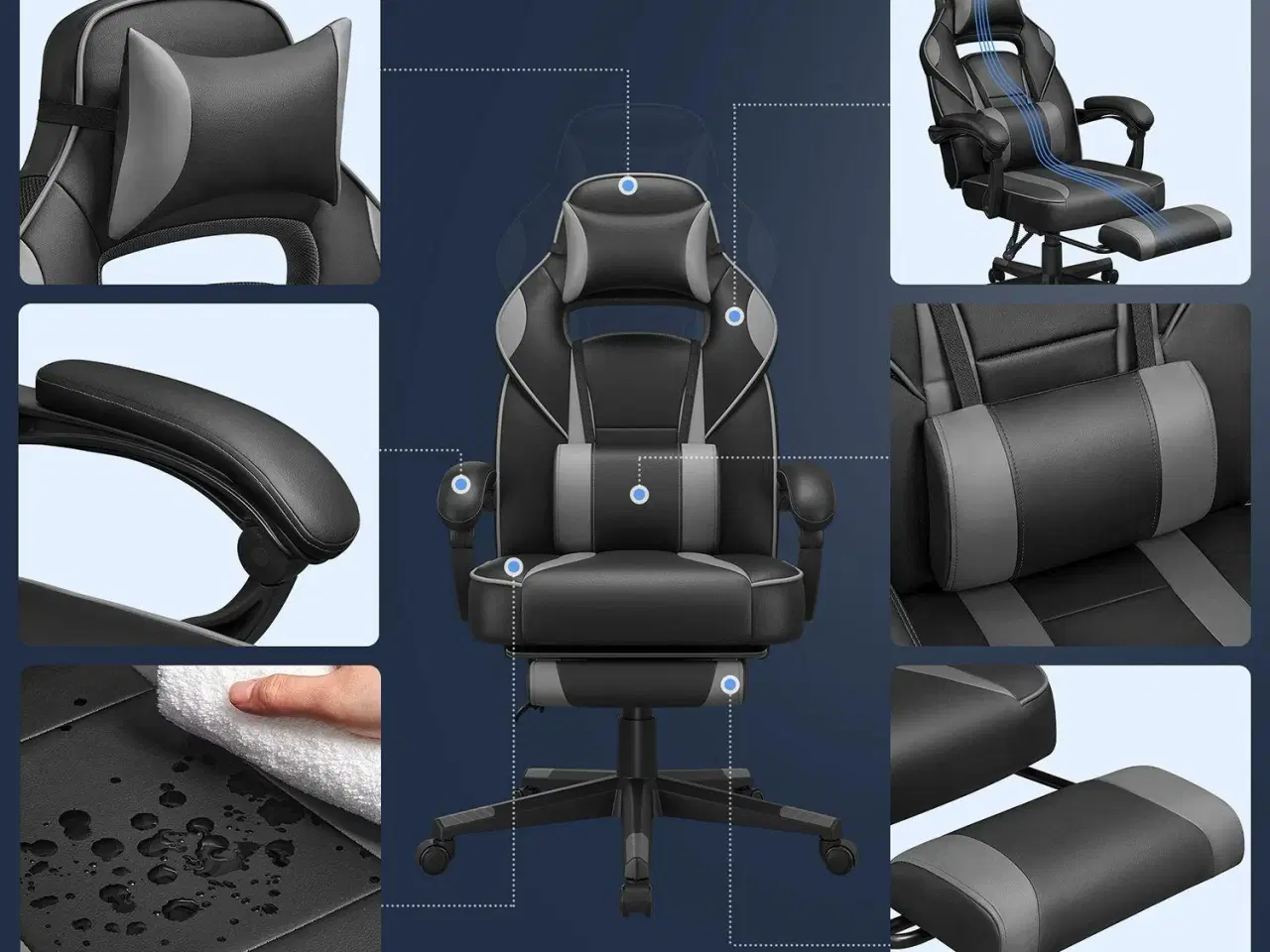 Billede 3 - Kontorstol gaming med fodstøtte ergonomisk, sort/grå