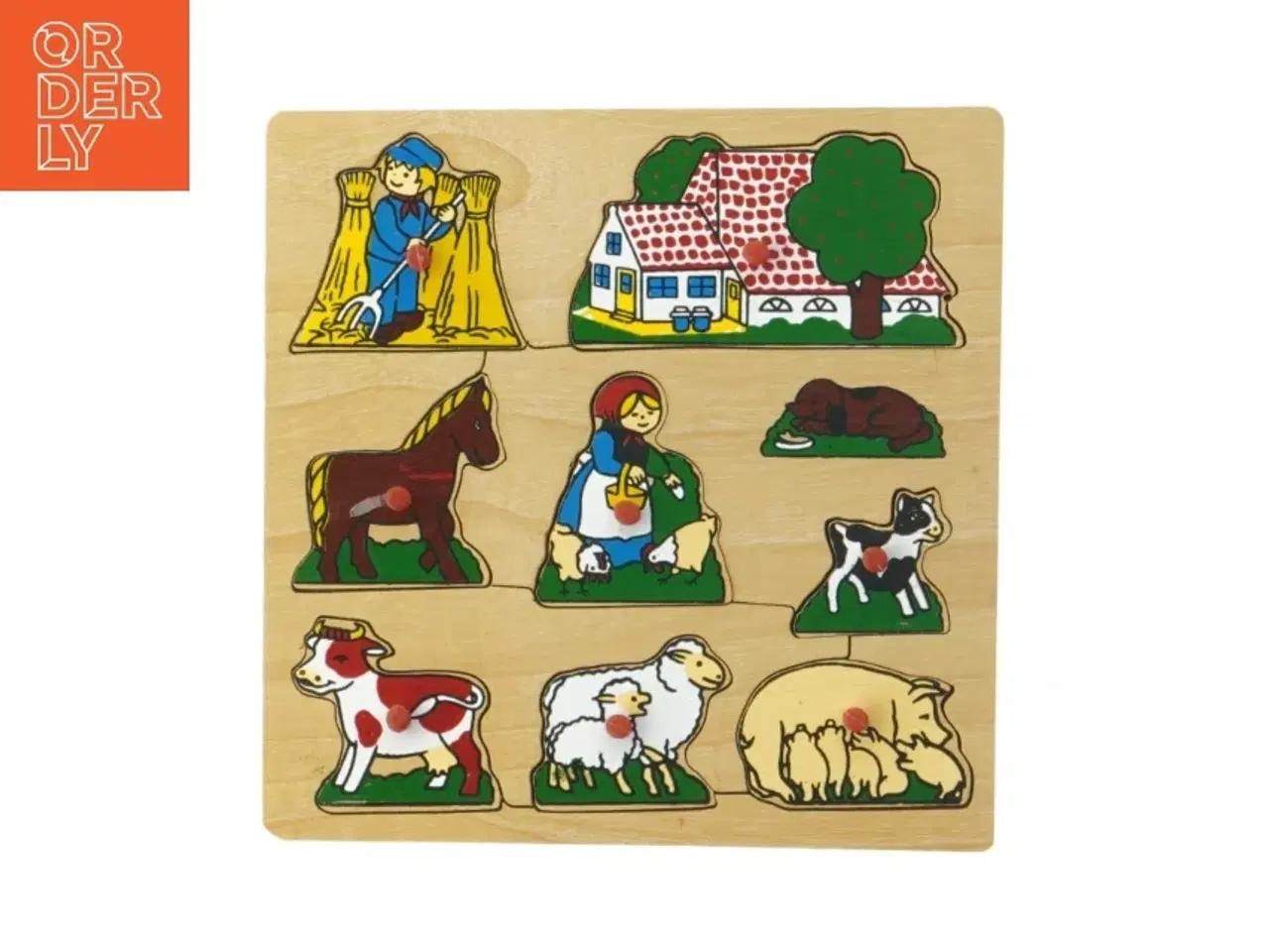 Billede 1 - Retro Træpuslespil med bondegårdsmotiv (str. 18x18 cm)