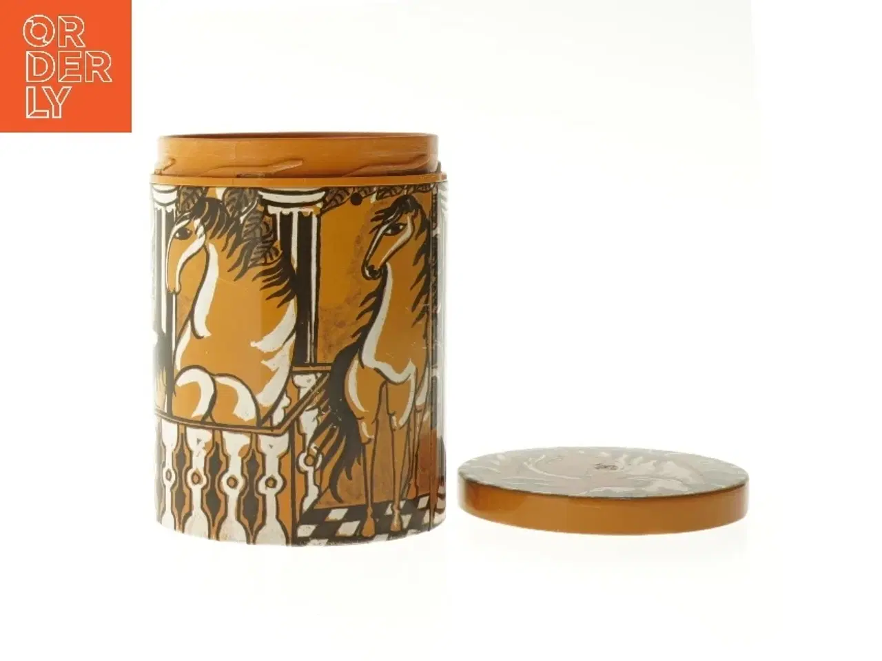 Billede 2 - Dekorativ rund metaldåse med heste IRA (str. Ø 11,5x cm højde 15 cm)