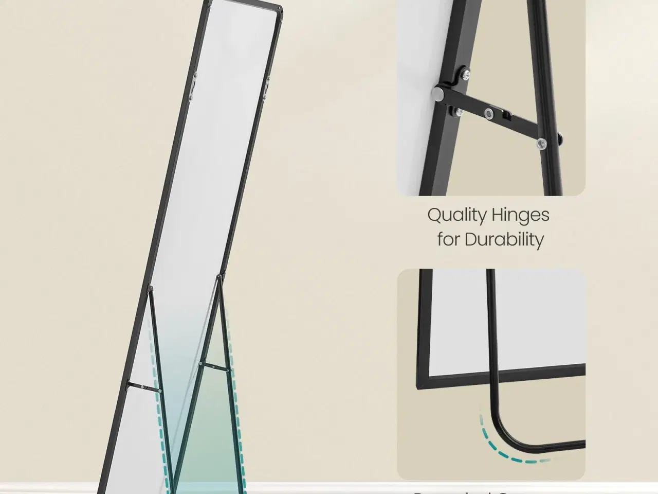 Billede 4 - Fuldfigurs gulvspejl 150 × 40 cm med ståstativ – rektangulært spejl i hærdet glas, aluminiumsramme, blæksort