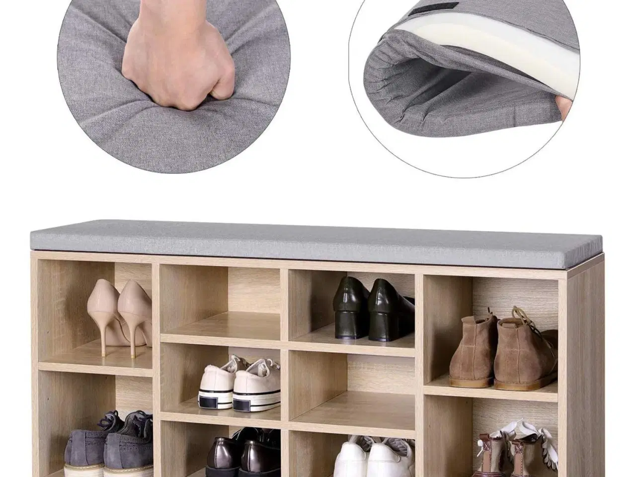 Billede 6 - Skobænk med opbevaring – VASAGLE, 10 rum, med pude, eg, 104 × 30 × 48 cm