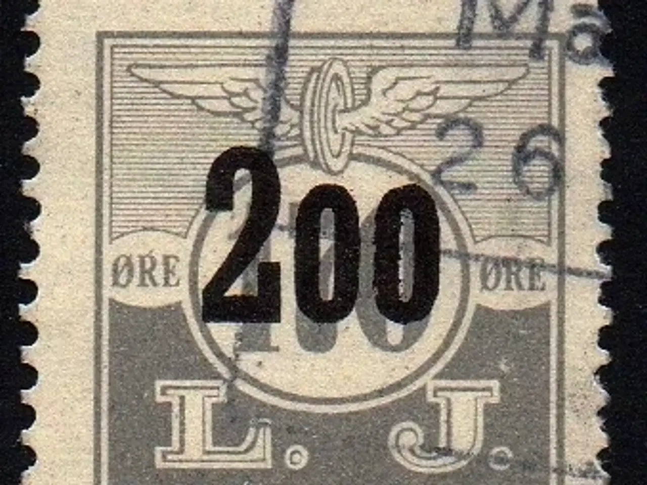 Billede 1 - L. J. - (Lollands Jernbane) - Godsfrimærke - 170 Øre overstemplet til 200 Øre - Stemplet