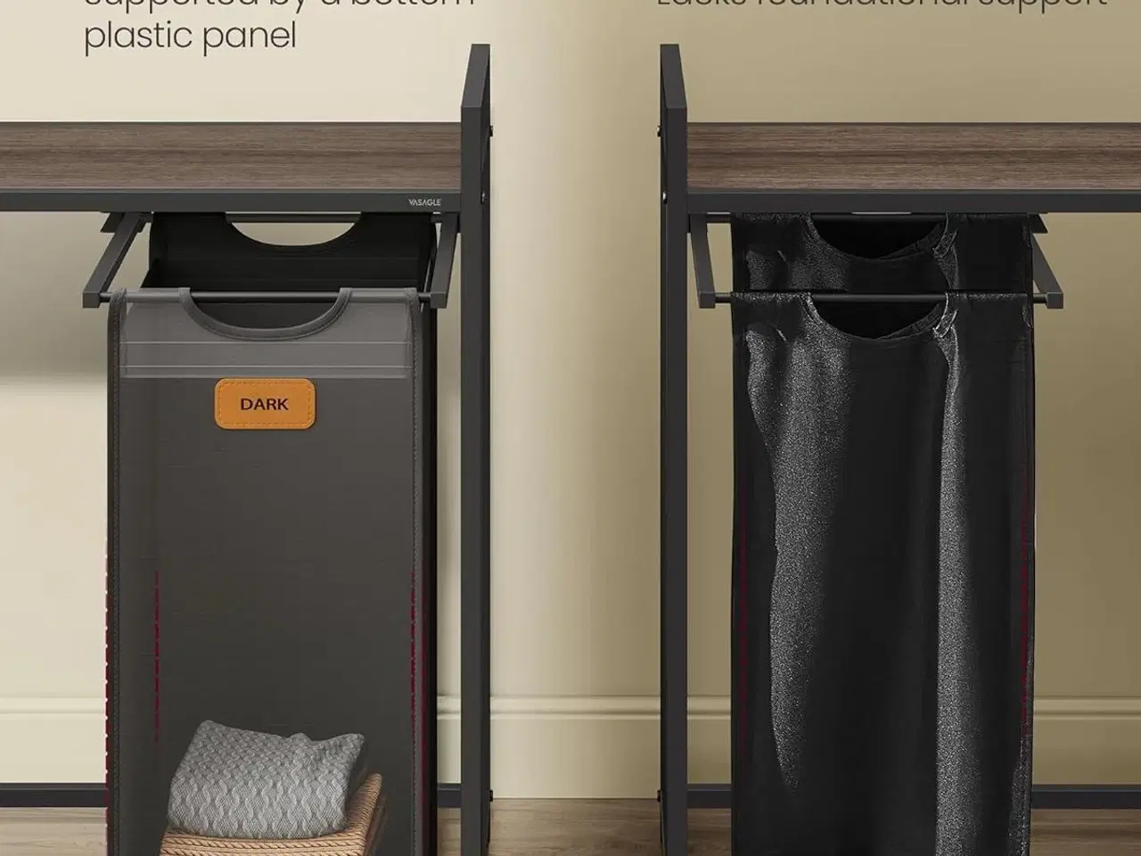 Billede 5 - Vasketøjskurv med 4 rum 150 l sorter, rullevogn med hylder, aftagelige poser, 6 mærker, kastanjebrun/sort/duvegrå