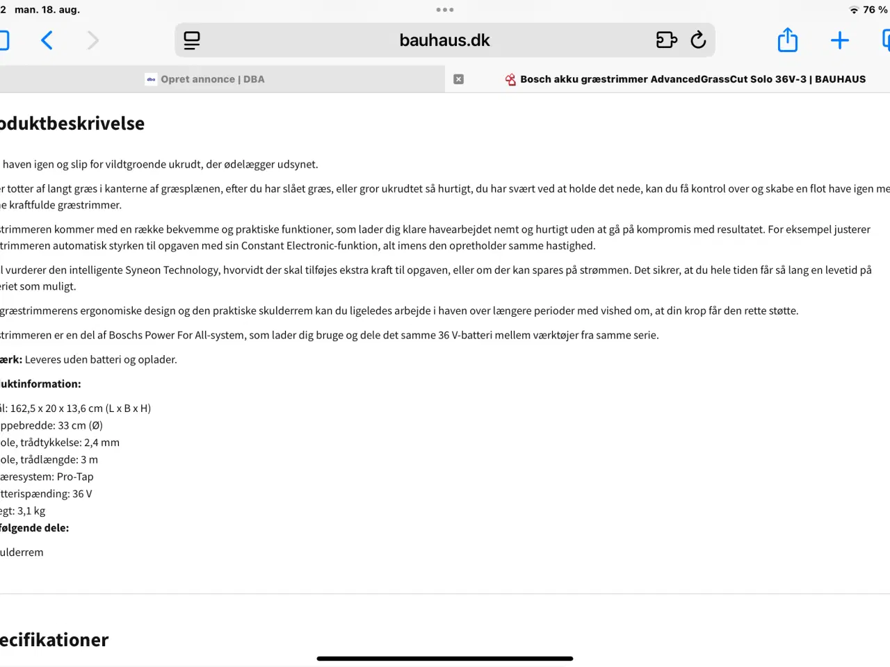 Billede 2 - Bosch akku græstrimmer - AdvancedGrassCut Solo 36V