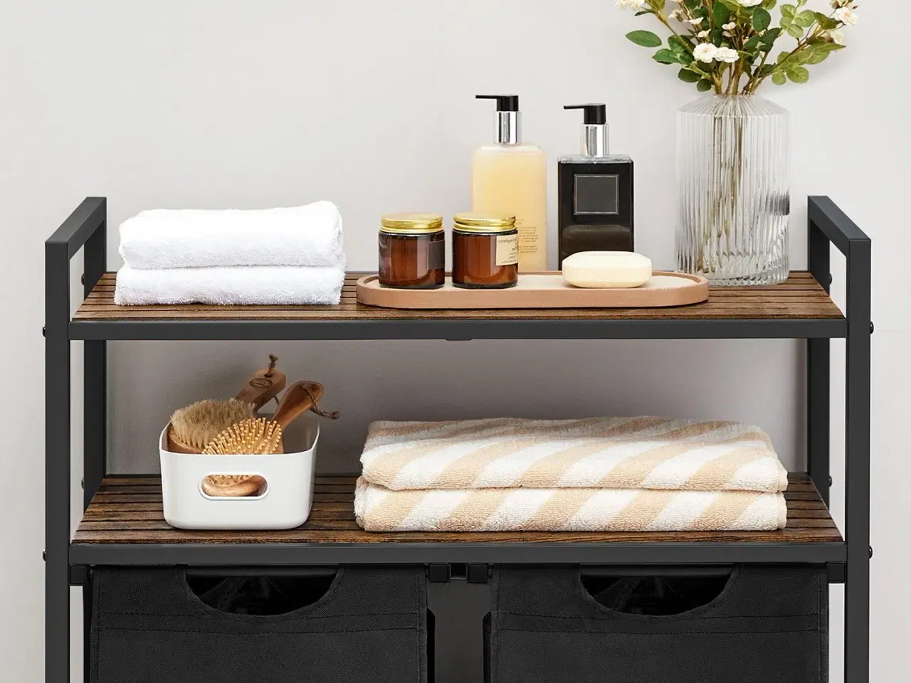 Billede 5 - Vasketøjskurv med hylder dobbelt vasketøjssorterer, 2 udtagelige poser á 46 l, 2 opbevaringshylder, rustik brun/sort