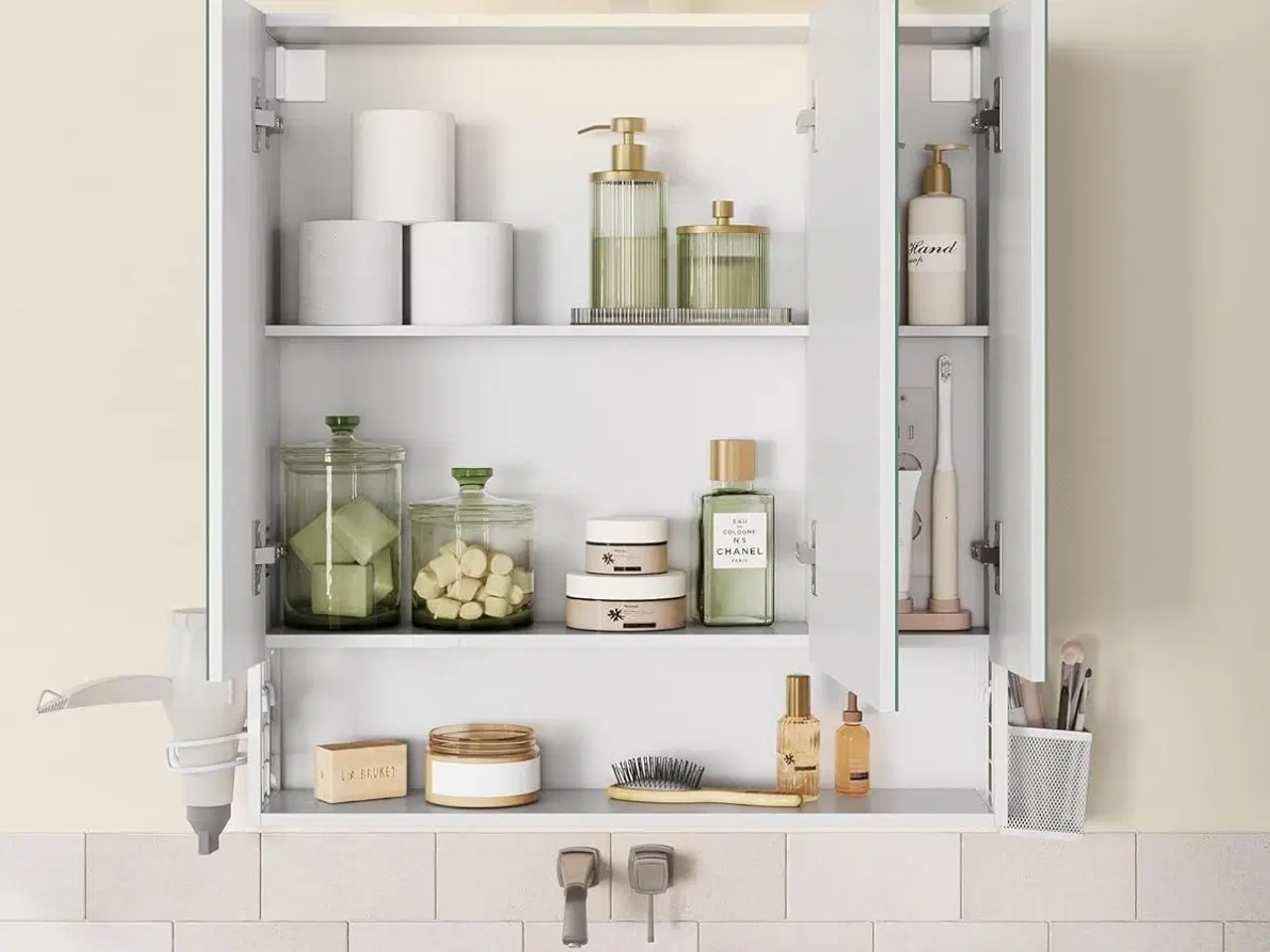 Billede 5 - Spejlskab med 3 låger – vægskab med stikkontakter, USB, hængebakke og føntørrer-holder, 70 × 75 × 16,5 cm – cloud hvid