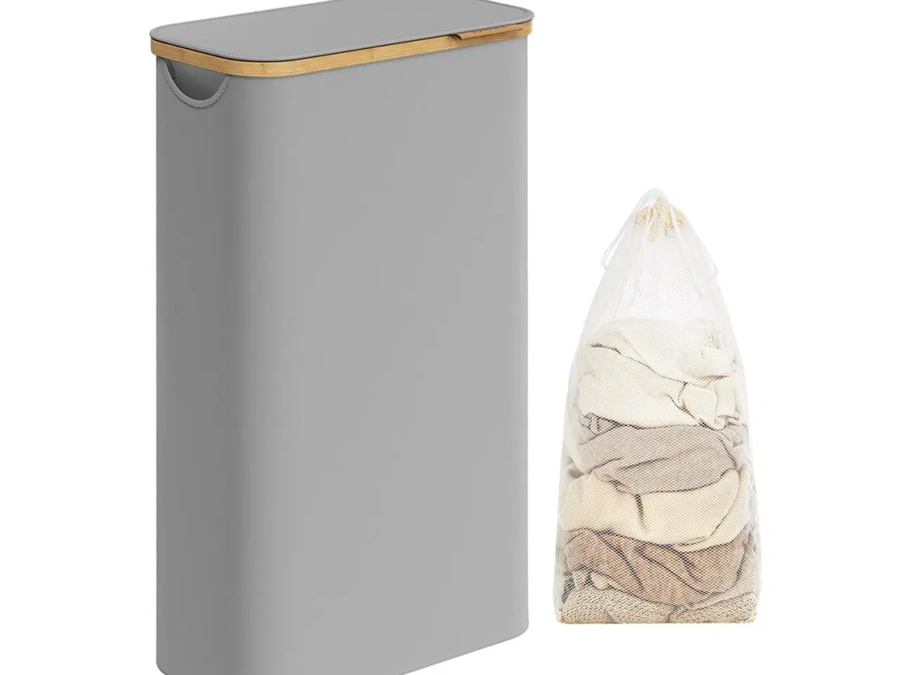 Billede 1 - Vasketøjskurv med låg 65 l slank model med aftagelig netpose, Oxford-stof, bambushåndtag, sammenklappelig, duegrå (42 × 22,5 × 70,5 cm)