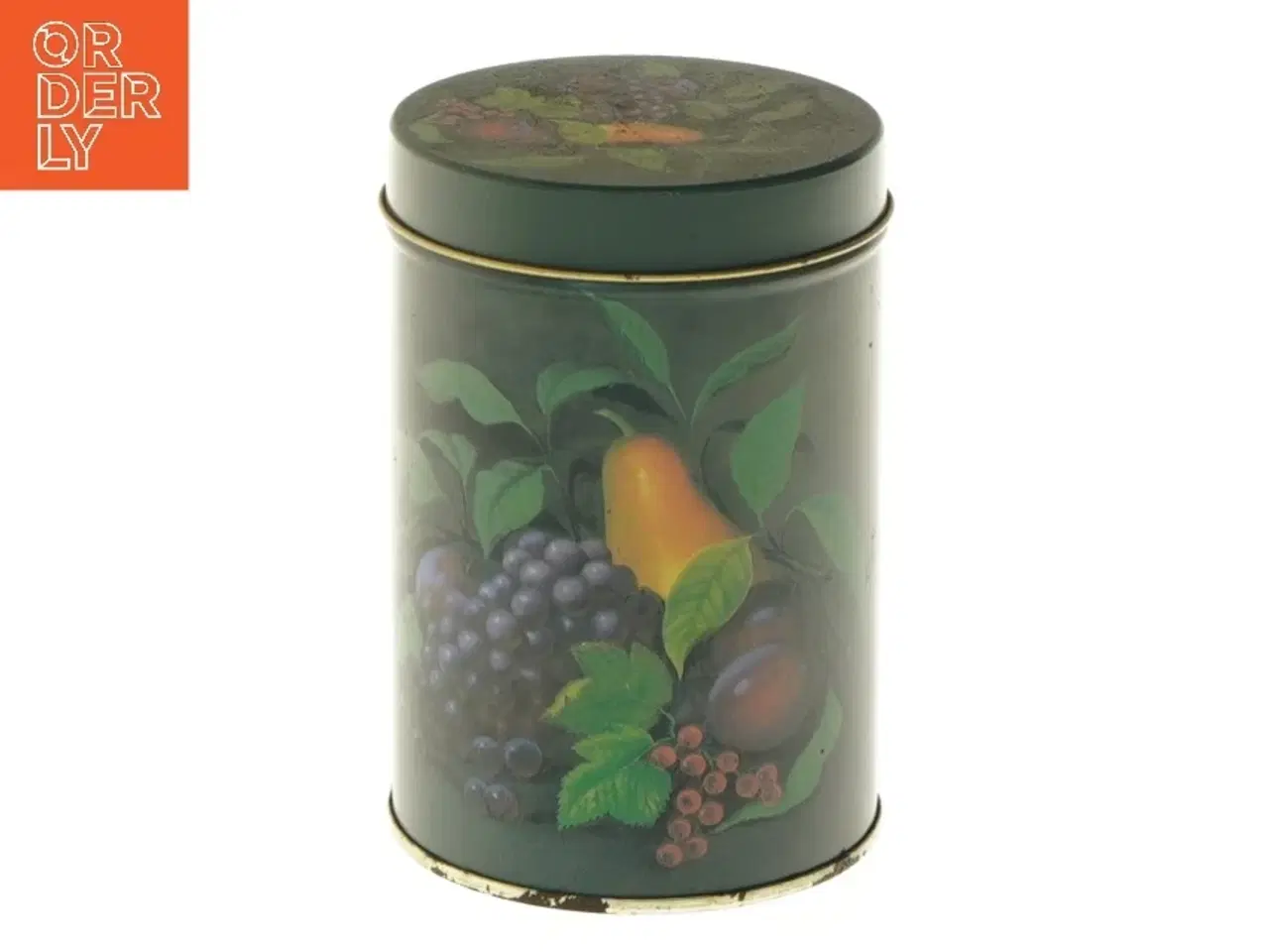 Billede 1 - Dekorativ metalbeholder med frugtmotiv (str. Ø 8,5x12 cm)