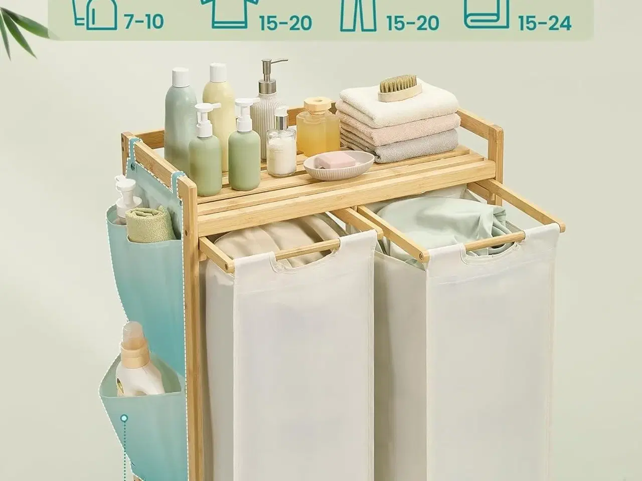 Billede 3 - Vasketøjskurv med 2 rum bambus, 100 l med hylde og sidelommer, cremehvid 63 × 33 × 78 cm