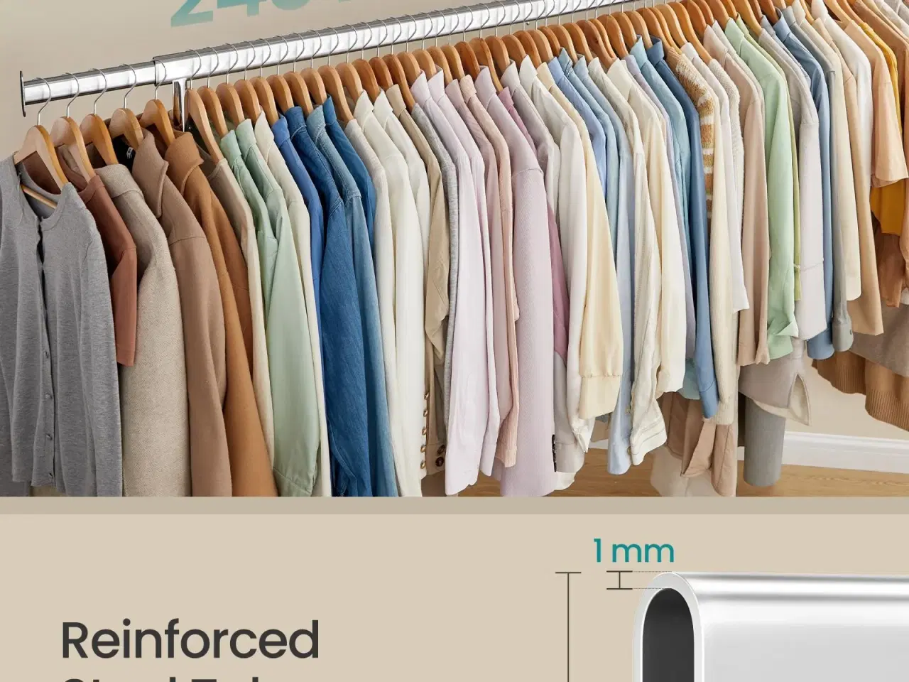 Billede 3 - Tøjstativ på hjul – kraftig udgave med udtrækkelig bøjlestang, 110 kg, 45 × 160–200 × 162,9 cm, forkromet – sølv (HSR176E01)