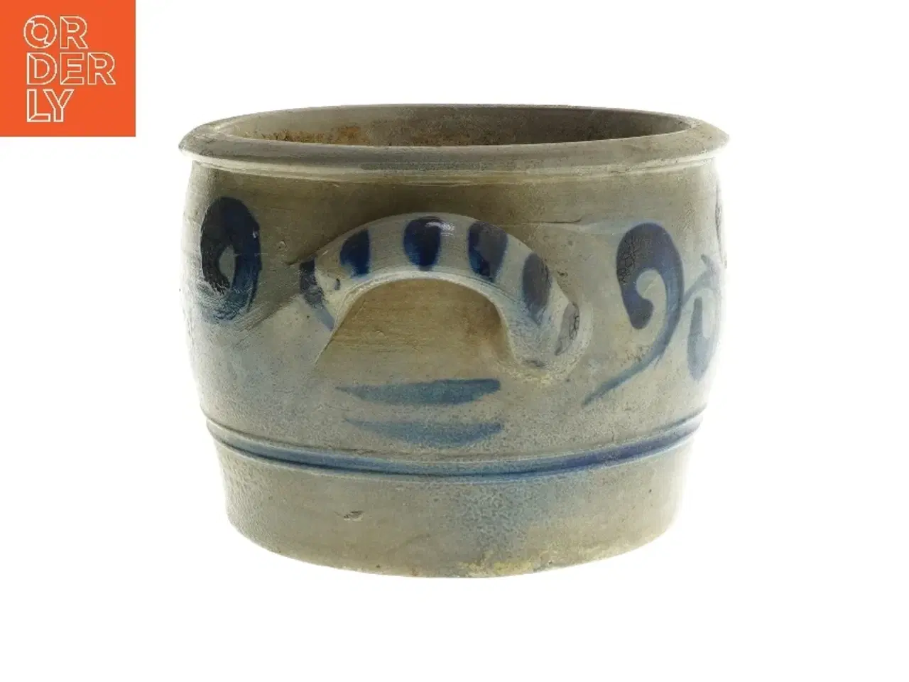 Billede 2 - Keramikpotte med blå mønster (str. Ø 19 cm længde 13,5 cm)