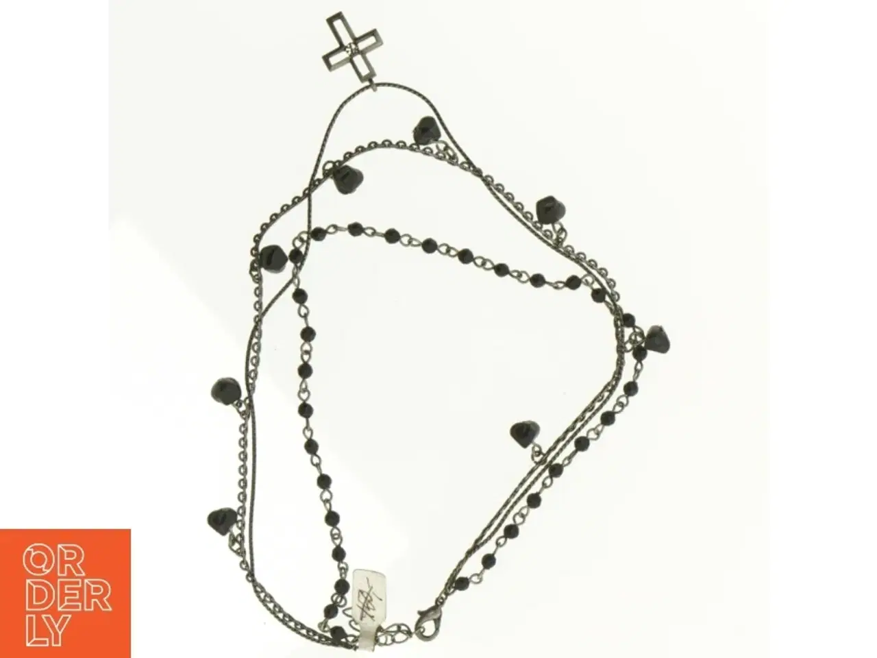 Billede 1 - Halskæde med sorte perler og kors (str. 32 cm)