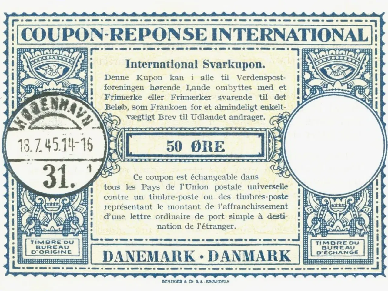 Billede 1 - DK. International Svarkupon, 1945