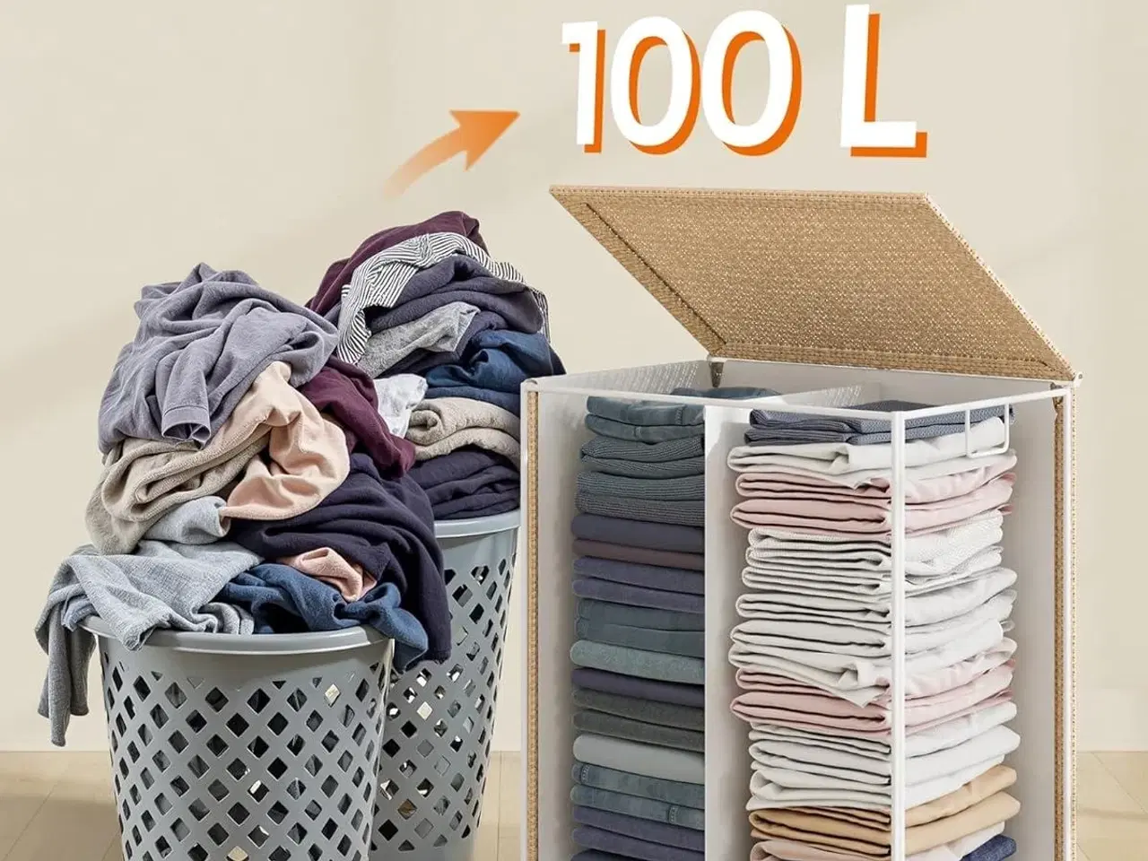 Billede 6 - Vasketøjskurv med hjul HOME, 2 rum, 100 l, med låg, natur beige/mat hvid