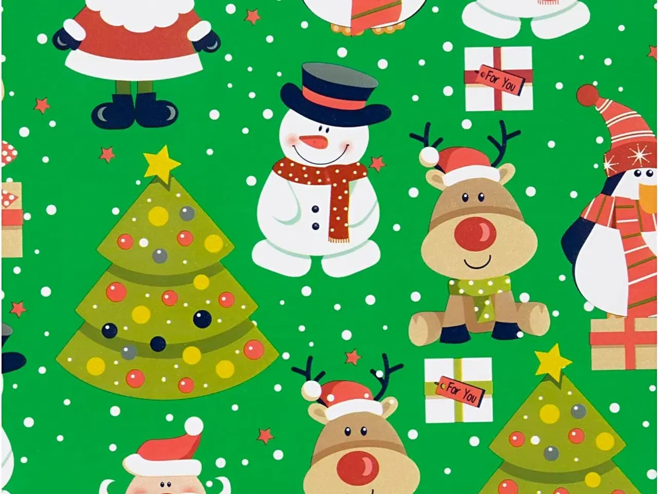 Billede 1 - Gavepapir, Julemand, juletræ, julegave, rensdyr, snemand og pingvin, B: 50 cm, 80 g, grøn, 100 m/ 1 rl.