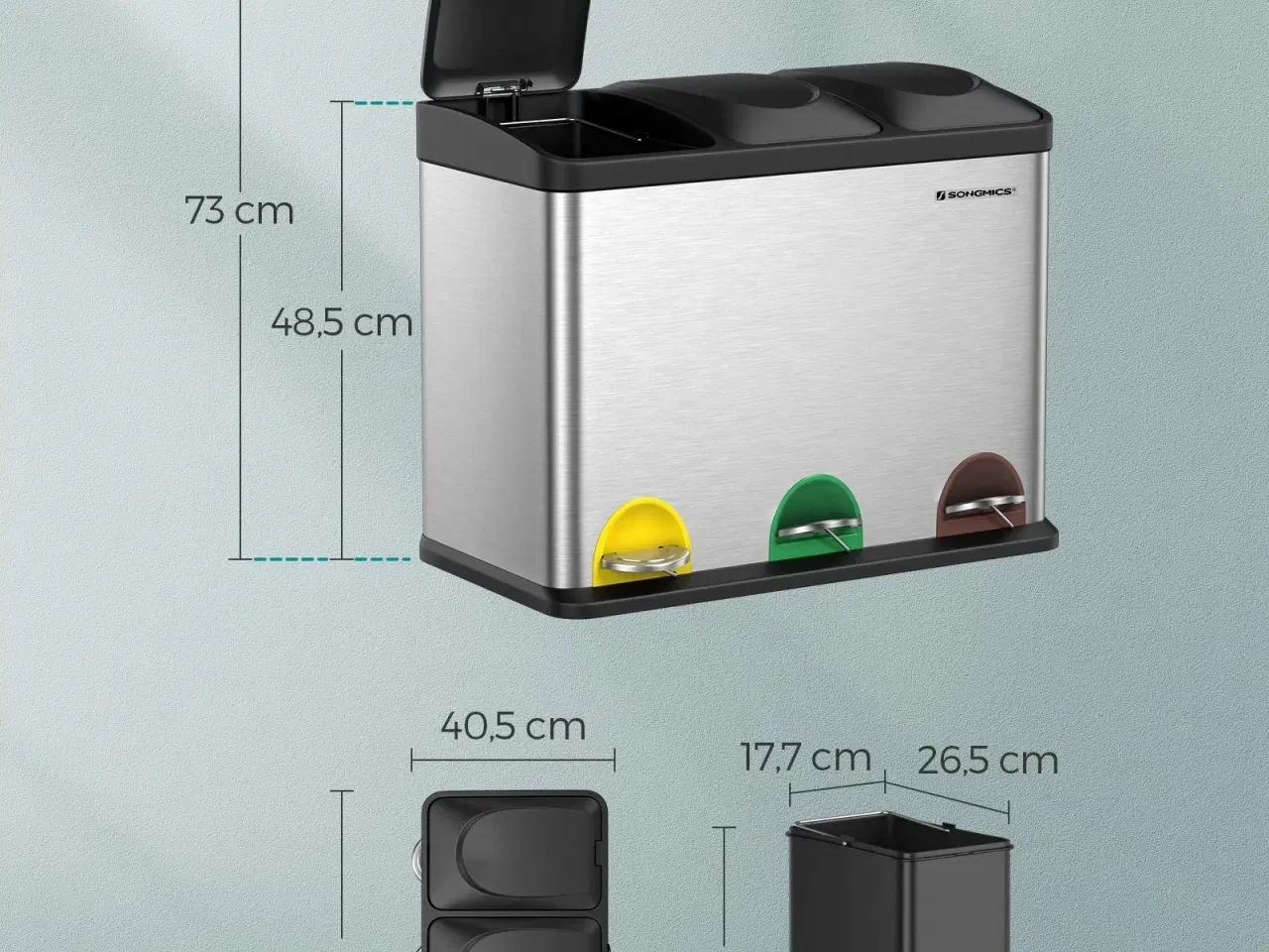 Billede 6 - Skraldespand med pedal 45 l affaldssortering i rustfrit stål (3 x 15 l), sølv/sort