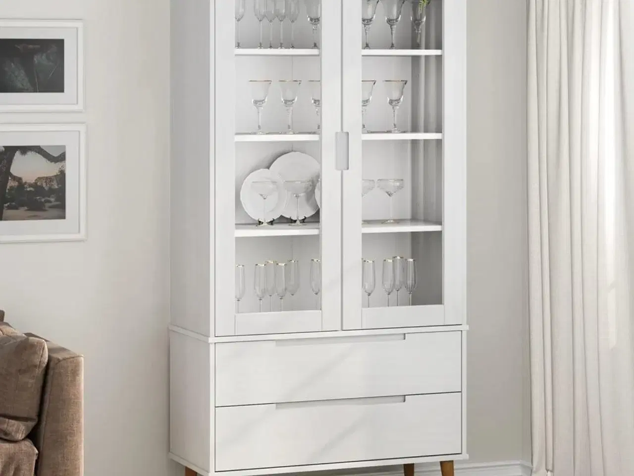 Billede 1 - Vitrineskab MOLDE 90x35x175 cm massivt fyrretræ hvid
