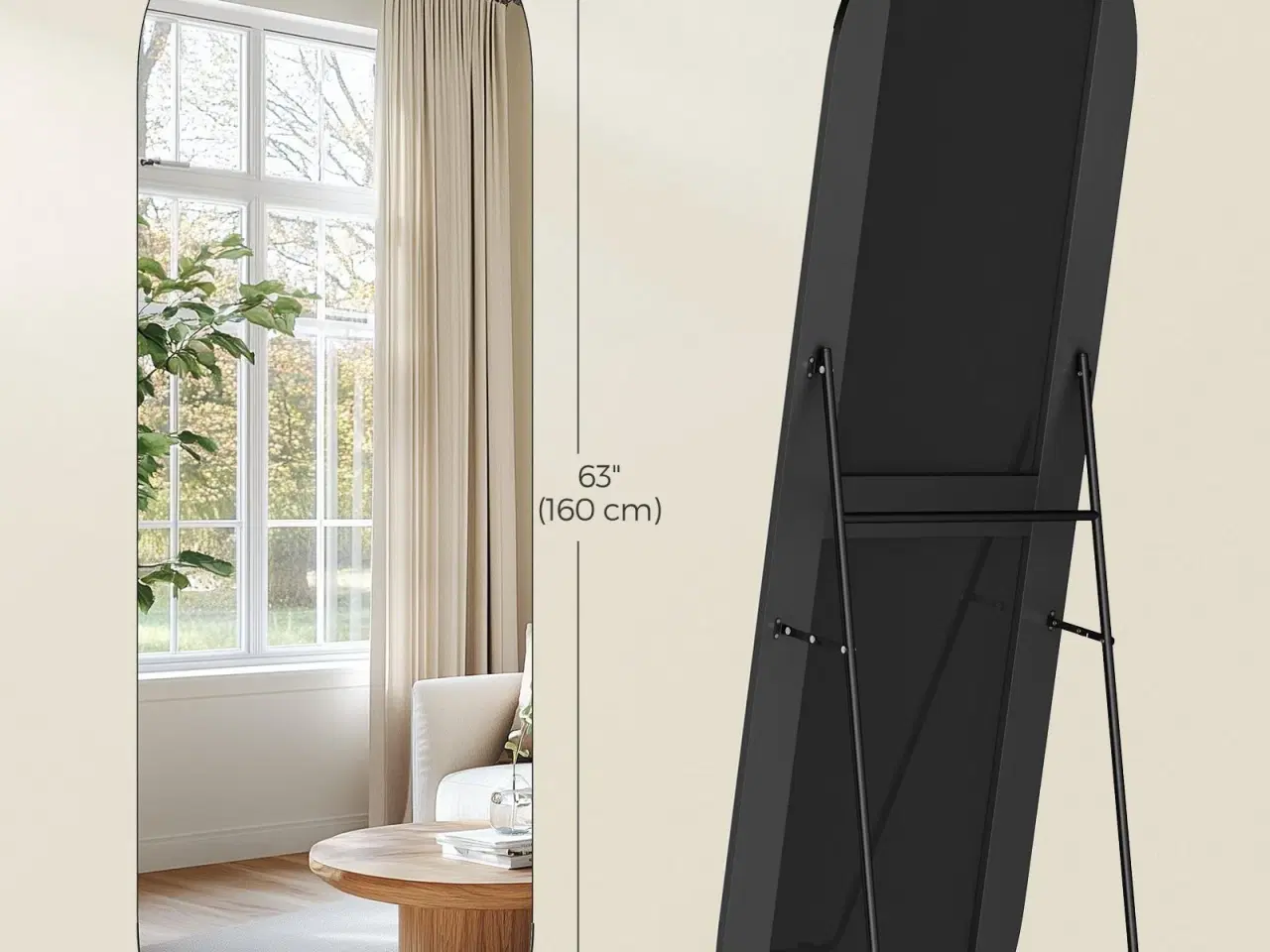 Billede 5 - Fuldfigur gulvspejl 160 × 50 cm – buet rektangel med støtteben, hærdet glas, aluminium – blæk-sort