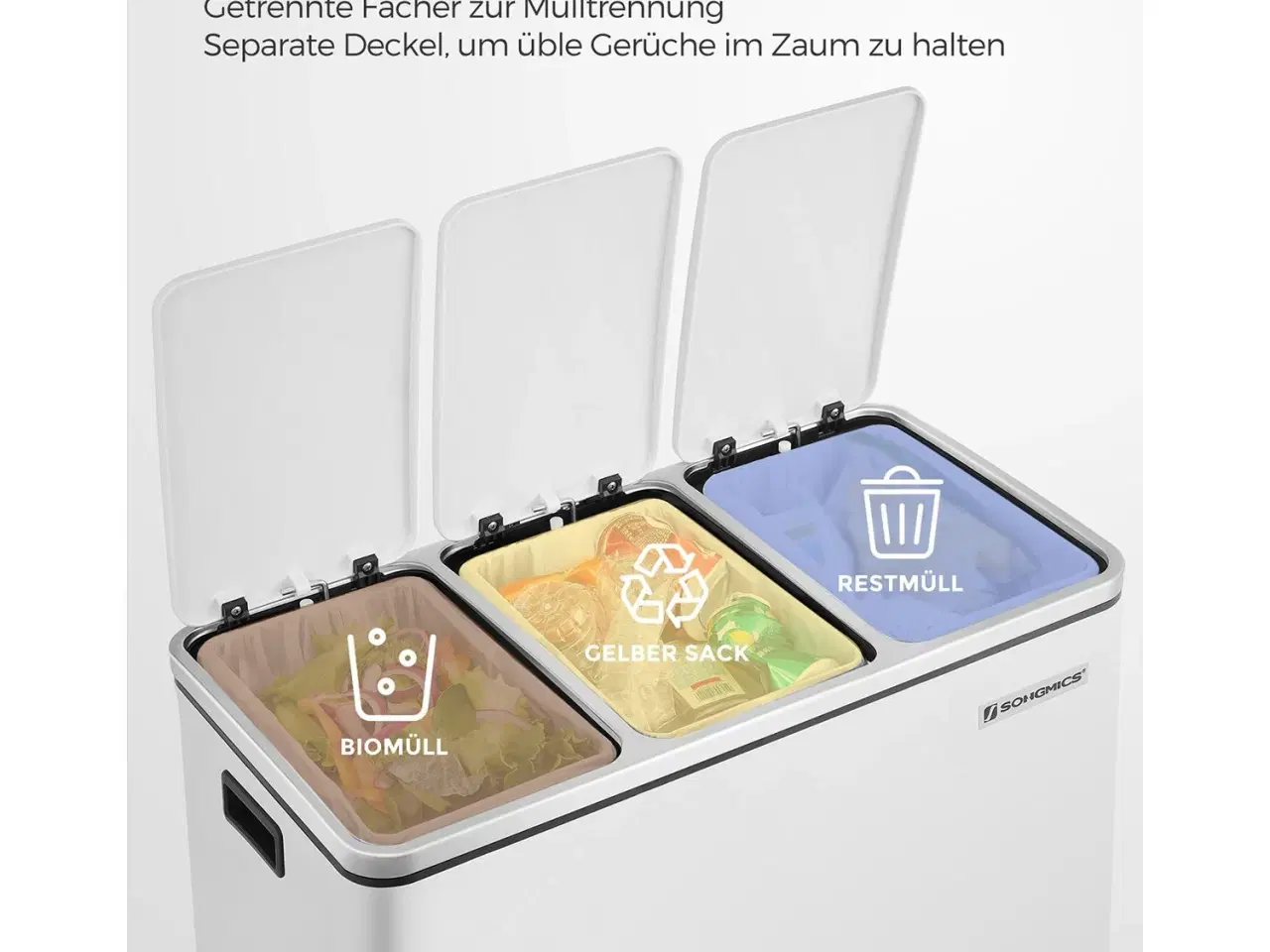 Billede 4 - Skraldespand til affaldssortering 3 x 18 l – SONGMICS pedalspand, hvid