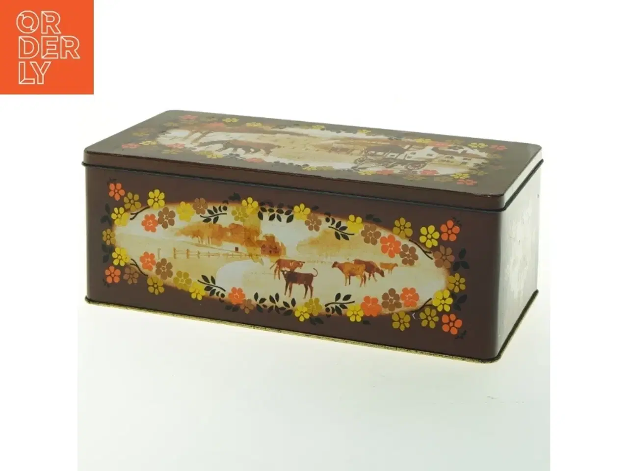 Billede 1 - Vintage metalkasse med landskabsmotiv (str. 23,5x12x9 cm)