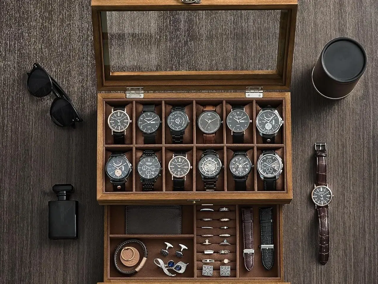 Billede 3 - Urkasse med glaslåg watch box i træ, 12 rum, 2 etager, rustik valnød