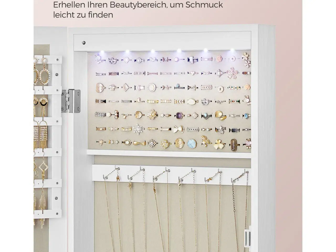 Billede 7 - Smykkeskab med spejl – SONGMICS væg-/dørhængt, låsbart, hvid med træstruktur og beige for, JJC093W01