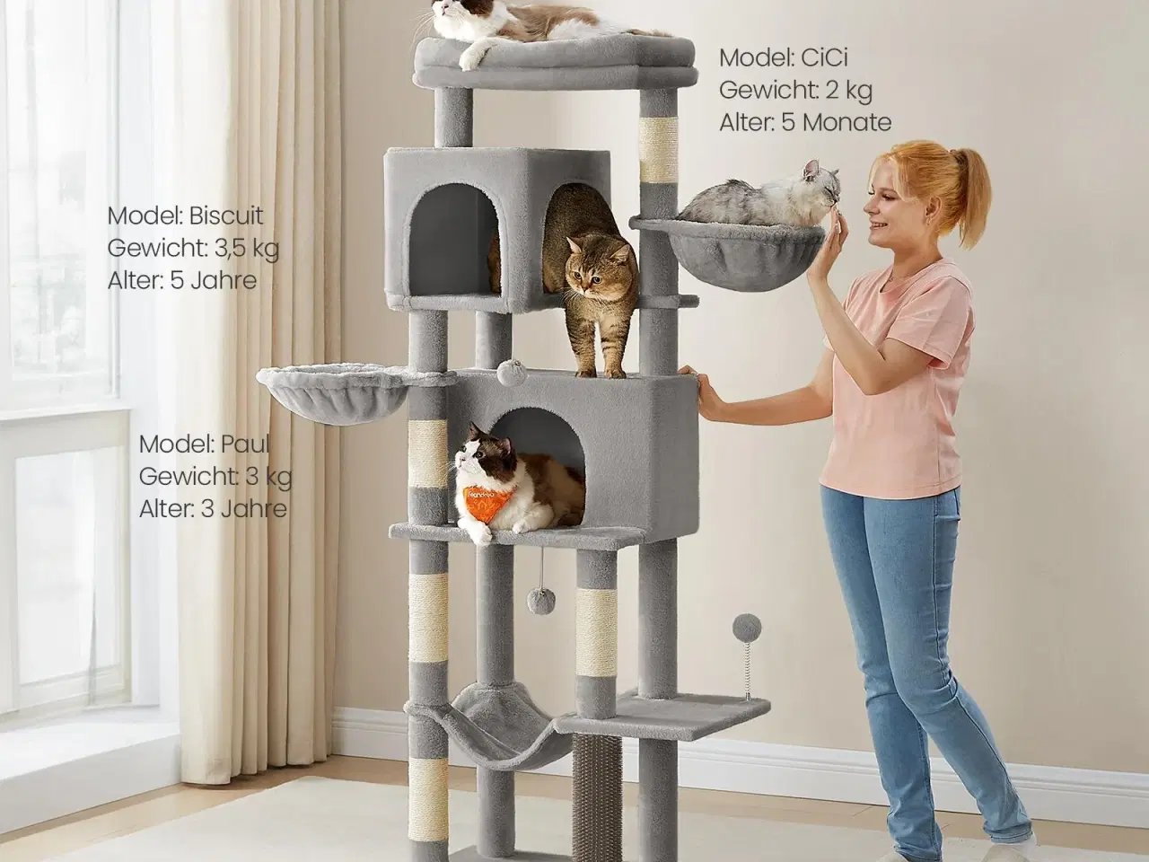 Billede 2 - Kattetræ Feandrea, 175 cm højt, multi-level kattemøbel med 2 huler, 2 kurve, 5 kradsepæle, selv-plejer, udkigsplads og hængekøje, indendørs, duegrå