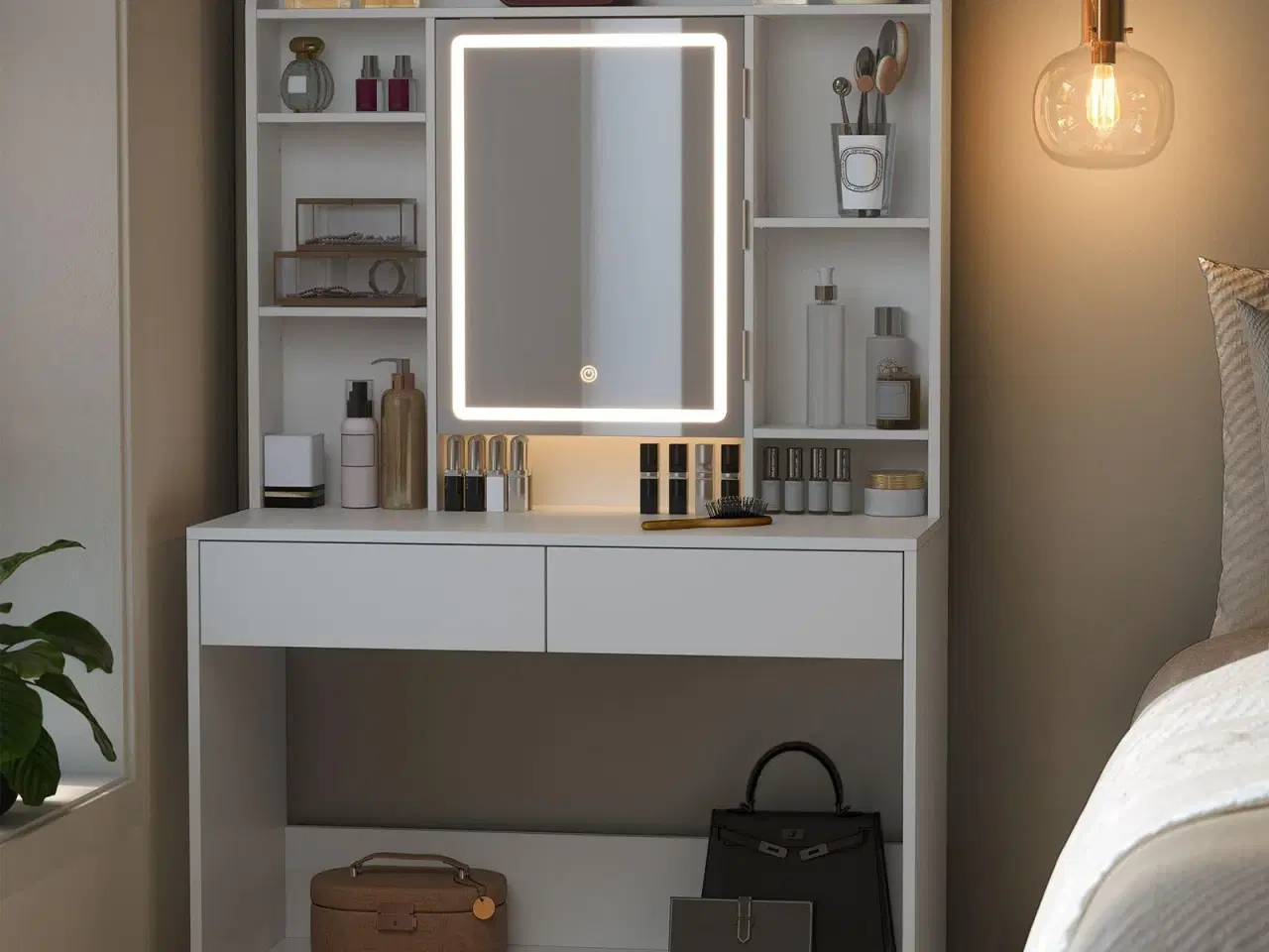 Billede 6 - Toiletbord med LED spejl – VASAGLE, hvid, 2 skuffer, justerbare hylder