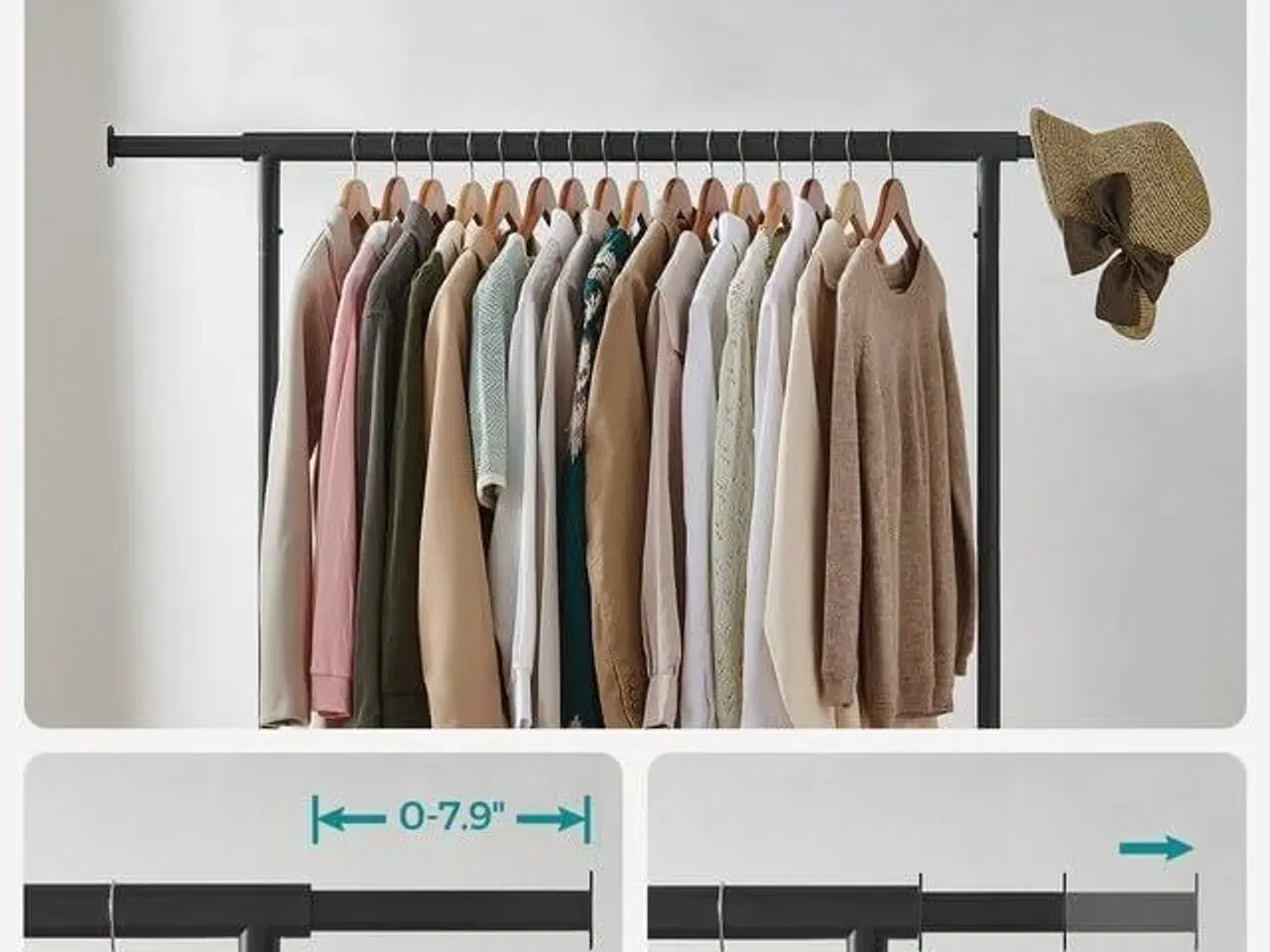 Billede 4 - Tøjstativ med hjul kraftigt, udtrækkelig bøjlestang, 130 kg bæreevne, 45 × (110–150) × 163 cm, mat sort