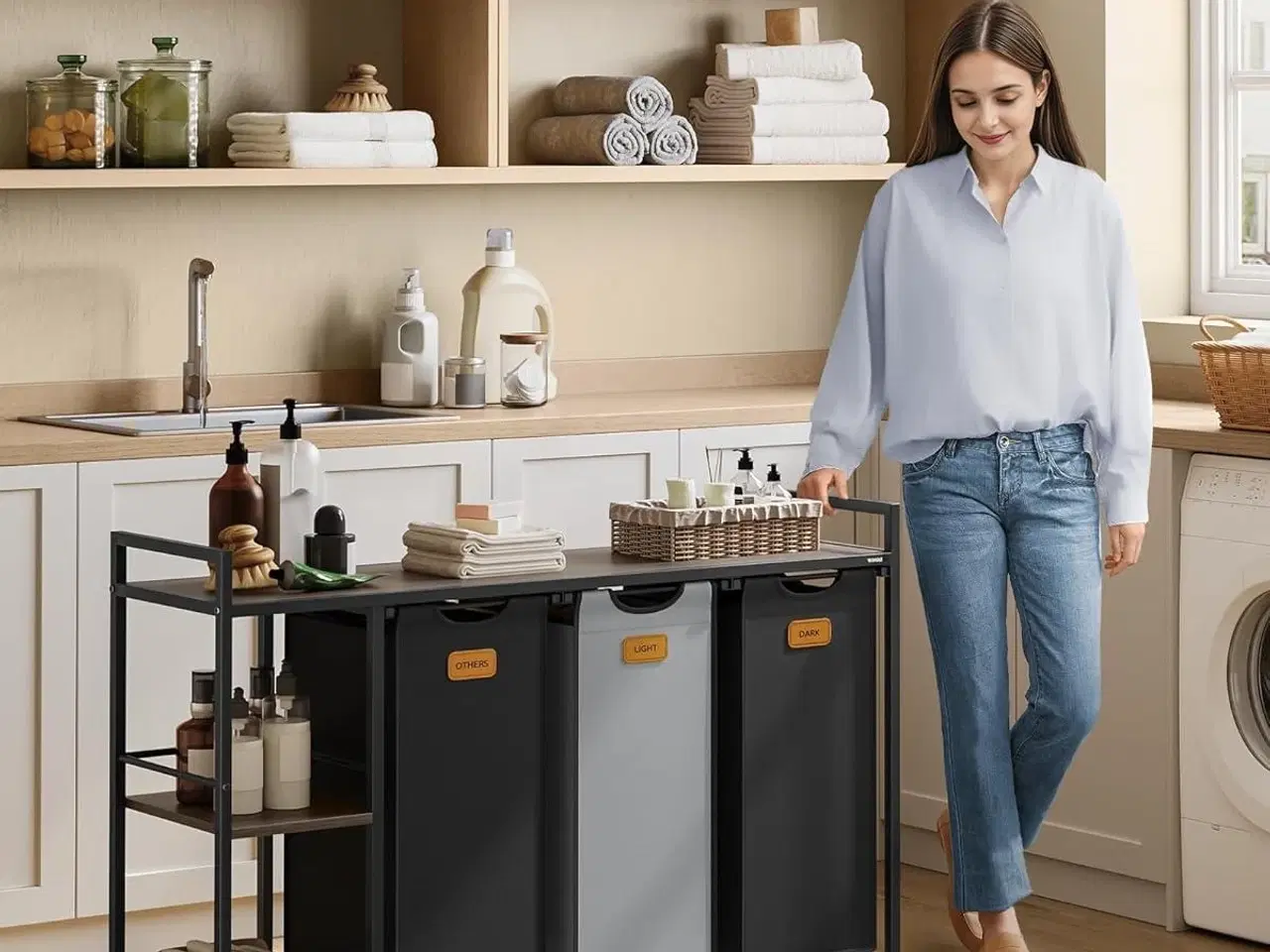 Billede 2 - Vasketøjskurv med 3 rum 150 l sorter, rullevogn med hylder, aftagelige poser, 6 mærker, kastanjebrun/sort/duvegrå