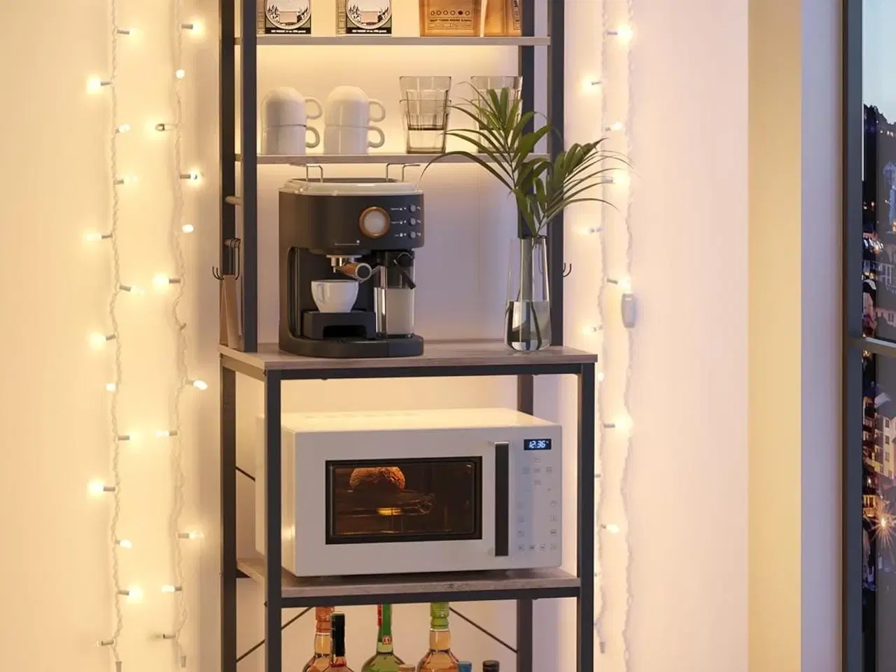 Billede 5 - Køkkenreol fritstående mikrobølgeovnshylde, 6 hylder, 6 kroge, stålramme, industrielt design, 40 × 60 × 167 cm, greige/sort