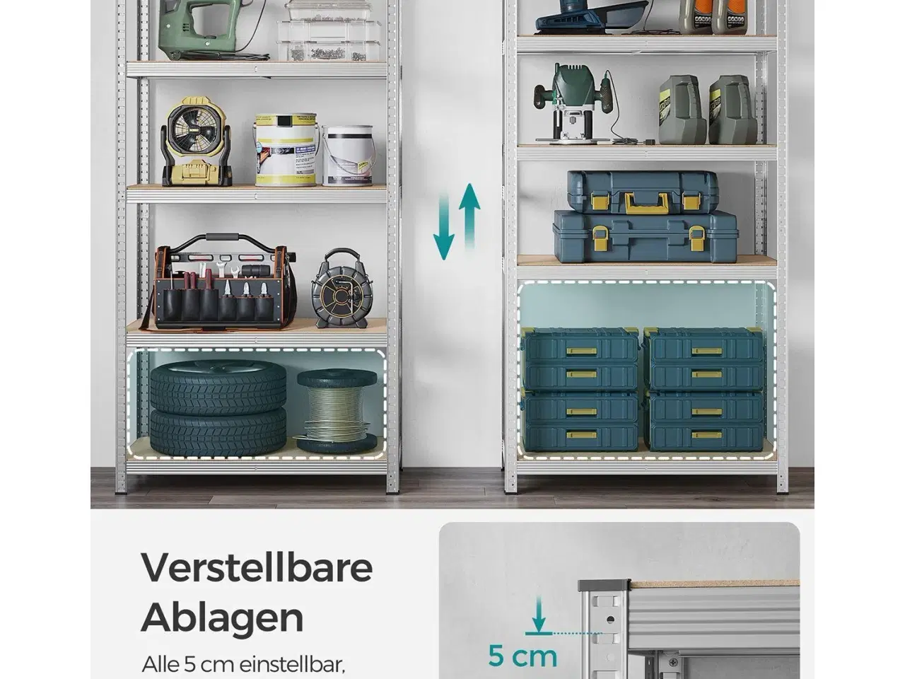 Billede 4 - Reol til garage 5 hylder sæt á 2, stål, 50 × 100 × 200 cm, sølv